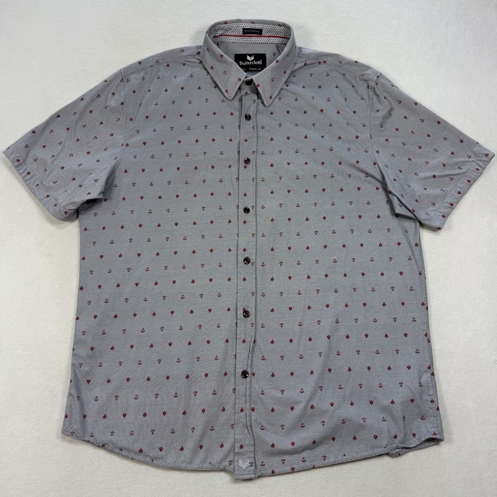 Butter Cloth Icy Cotton Mens XXL Gray Regular Fit Button Up Sailboat Print Shirt - Picture 2 of 6